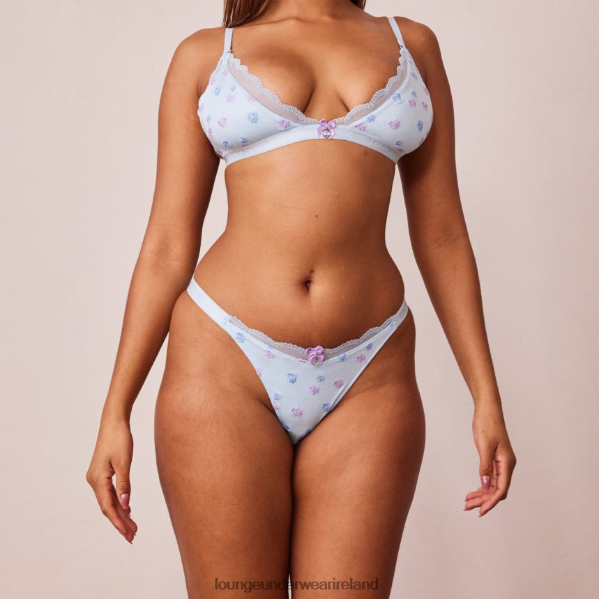 Lounge Underwear Women Ribbed Floral Triangle Bra & Thong/Briefs Set F2H42Z224 Blue