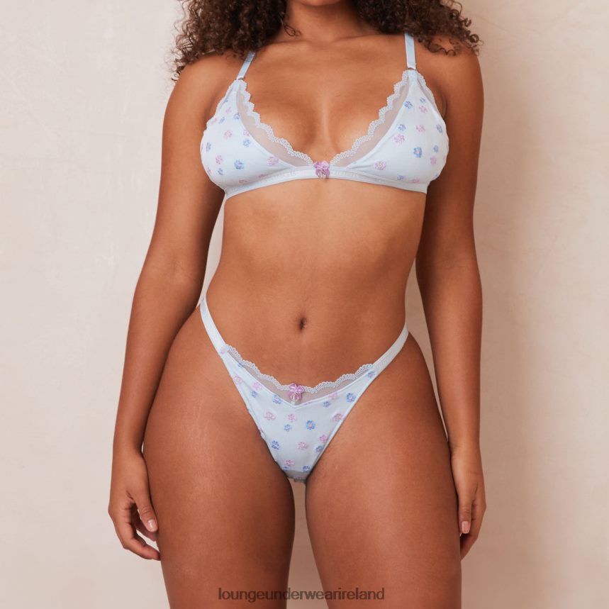 Lounge Underwear Women Ribbed Floral Triangle Bra & Thong/Briefs Set F2H42Z224 Blue