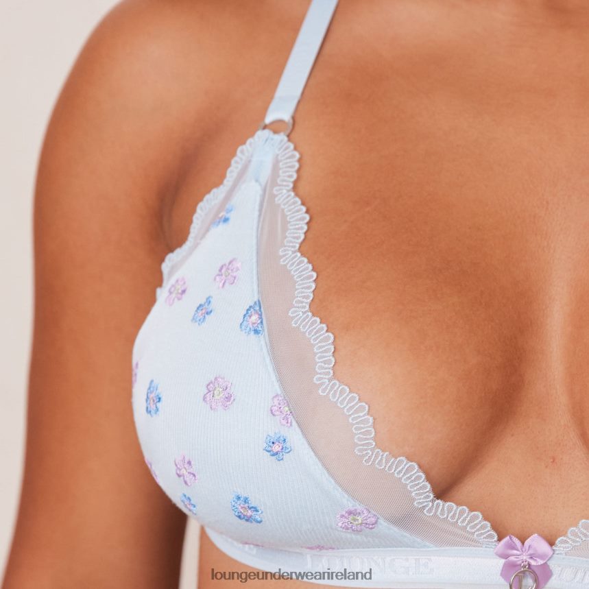 Lounge Underwear Women Ribbed Floral Triangle Bra & Thong/Briefs Set F2H42Z224 Blue