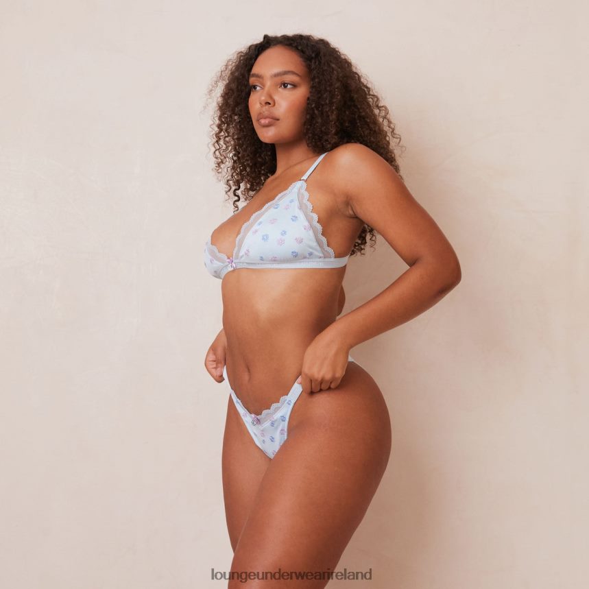 Lounge Underwear Women Ribbed Floral Triangle Bra & Thong/Briefs Set F2H42Z224 Blue