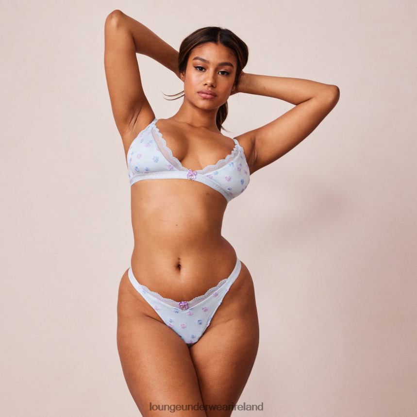 Lounge Underwear Women Ribbed Floral Triangle Bra & Thong/Briefs Set F2H42Z224 Blue