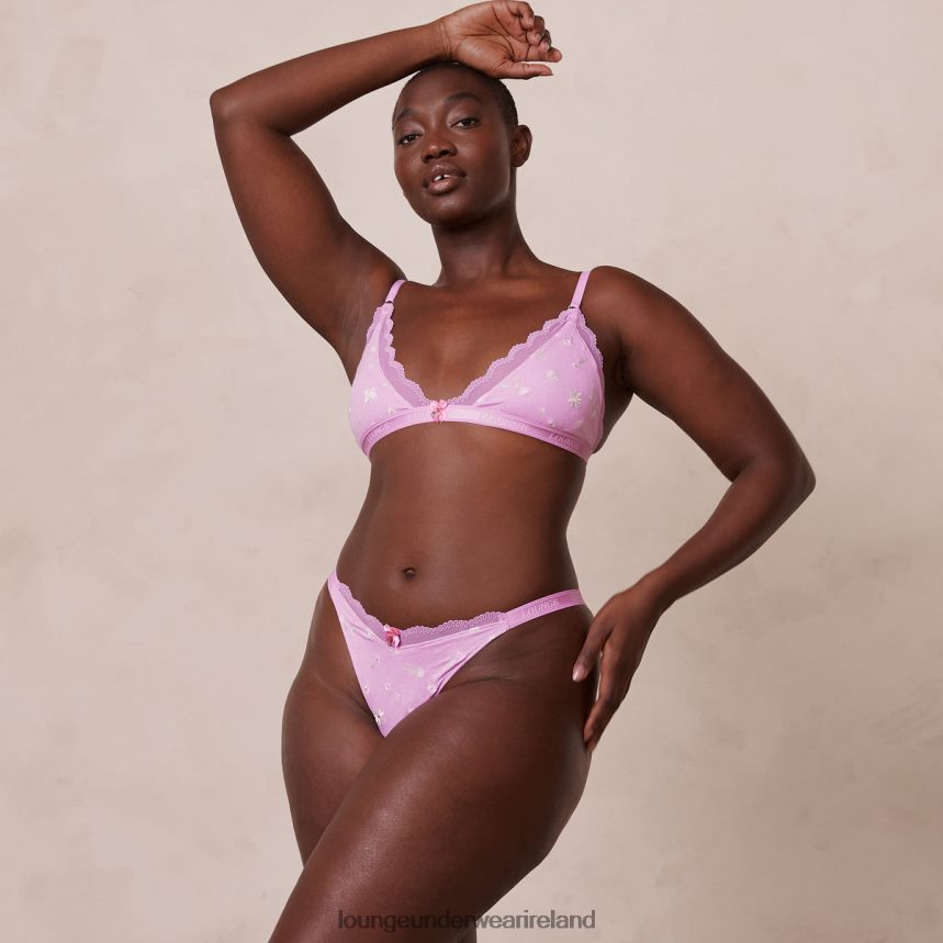 Lounge Underwear Women Ribbed Floral Triangle Bra & Thong/Briefs Set F2H42Z227 Lavender Pink