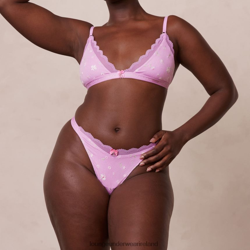 Lounge Underwear Women Ribbed Floral Triangle Bra & Thong/Briefs Set F2H42Z227 Lavender Pink