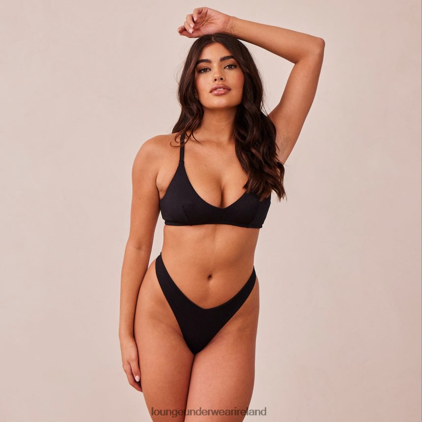 Lounge Underwear Women Ribbed Triangle Bra & Thong/Briefs Set F2H42Z233 Black