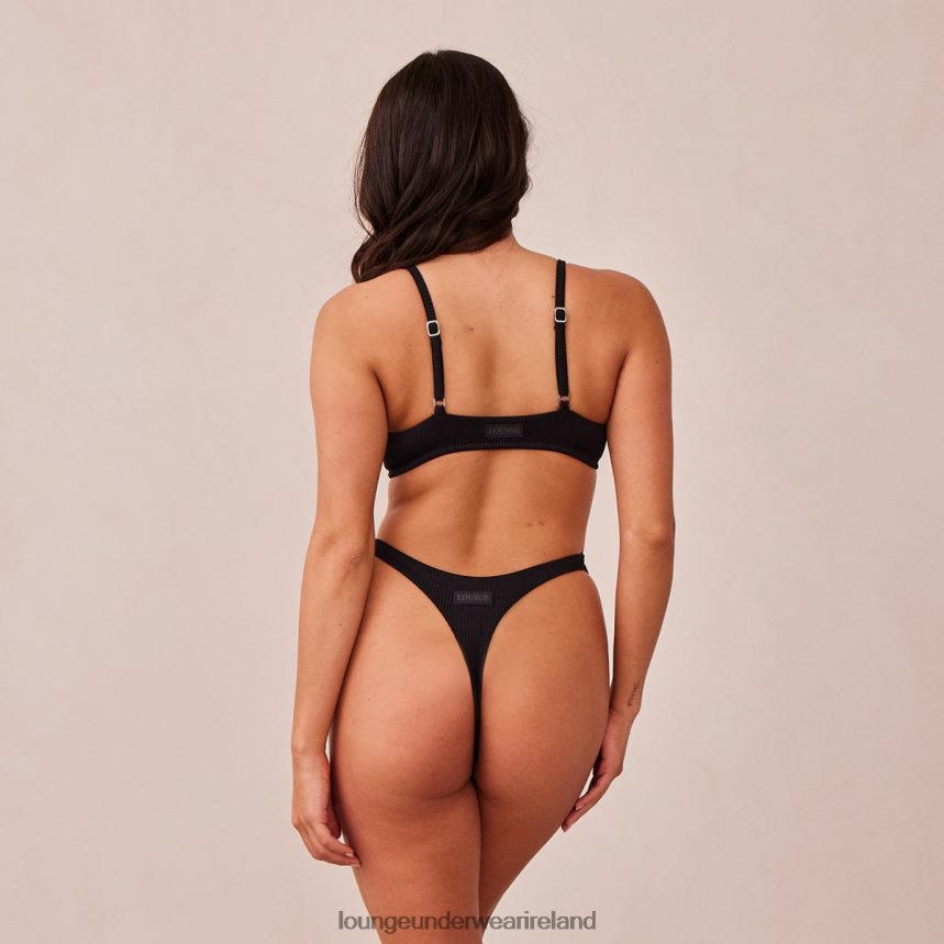 Lounge Underwear Women Ribbed Triangle Bra & Thong/Briefs Set F2H42Z233 Black