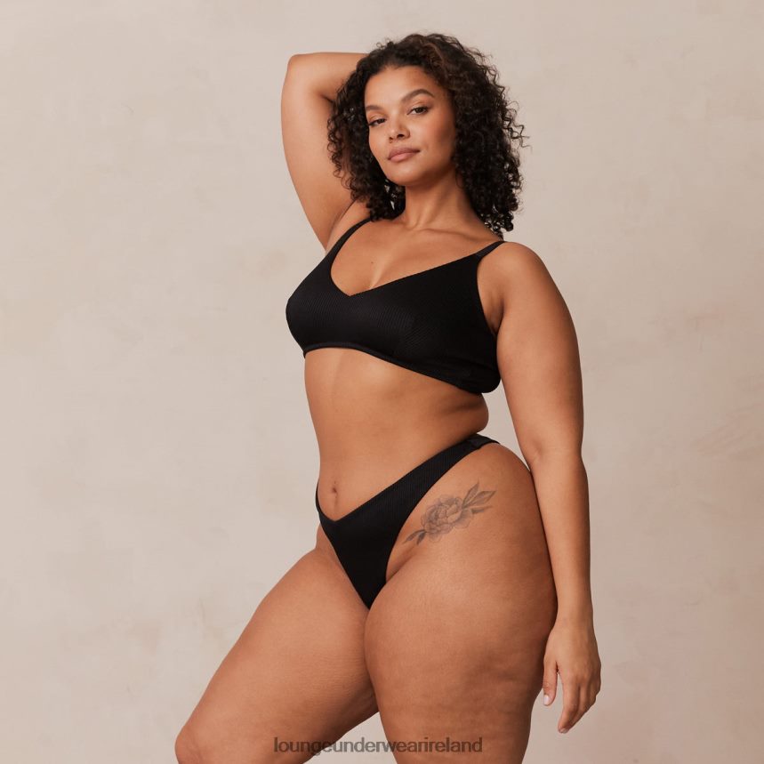 Lounge Underwear Women Ribbed Triangle Bra & Thong/Briefs Set F2H42Z233 Black