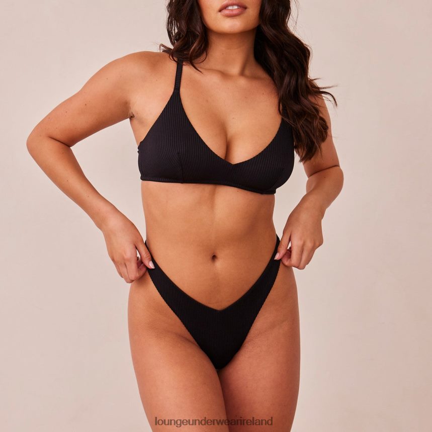 Lounge Underwear Women Ribbed Triangle Bra & Thong/Briefs Set F2H42Z233 Black