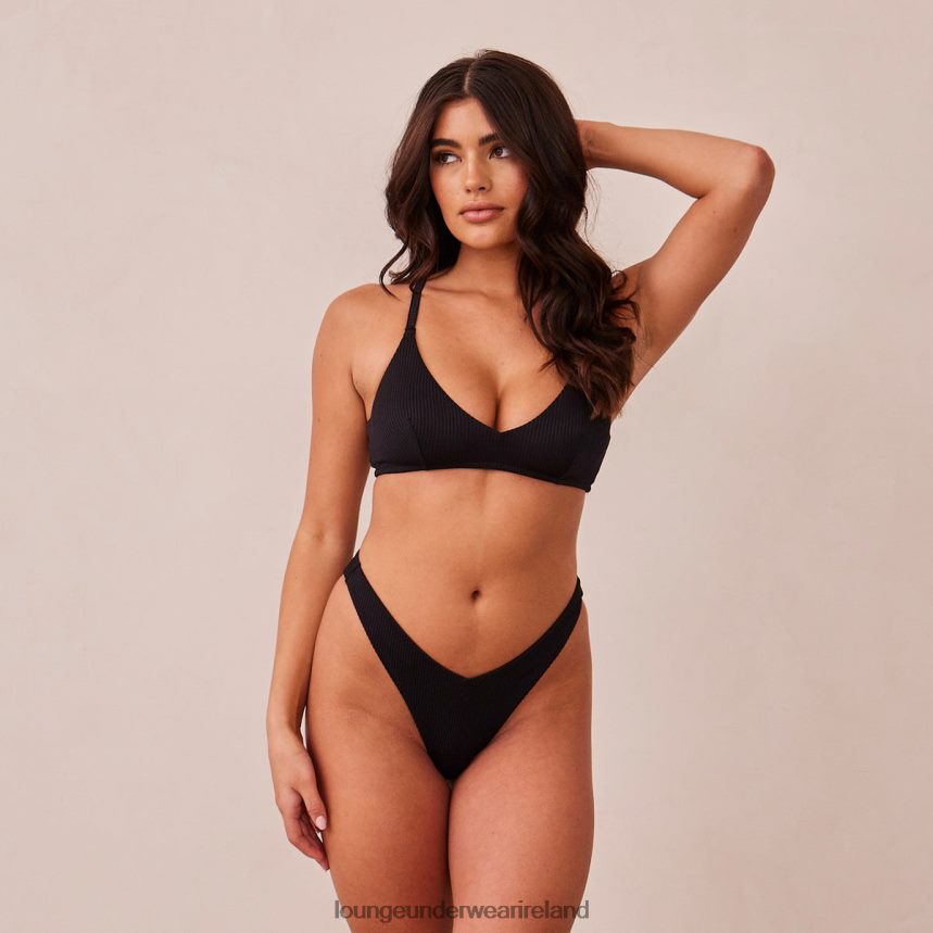 Lounge Underwear Women Ribbed Triangle Bra & Thong/Briefs Set F2H42Z233 Black