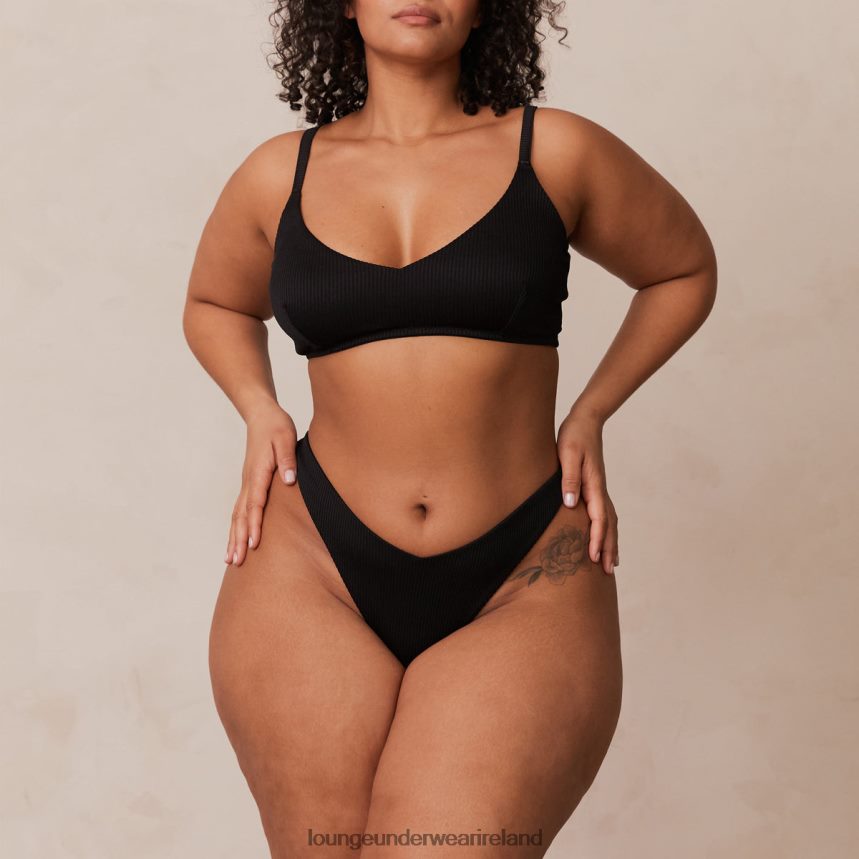 Lounge Underwear Women Ribbed Triangle Bra & Thong/Briefs Set F2H42Z233 Black