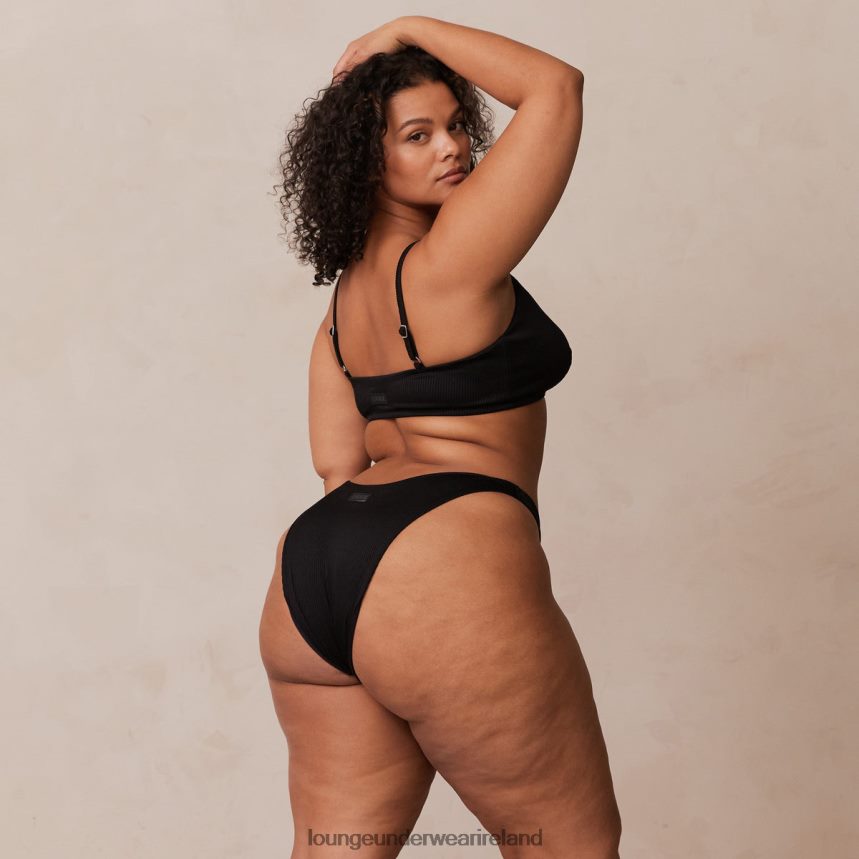 Lounge Underwear Women Ribbed Triangle Bra & Thong/Briefs Set F2H42Z233 Black