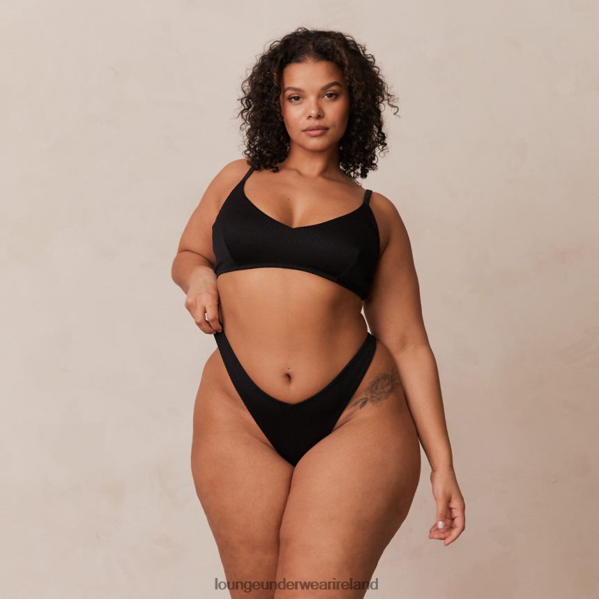 Lounge Underwear Women Ribbed Triangle Bra & Thong/Briefs Set F2H42Z233 Black