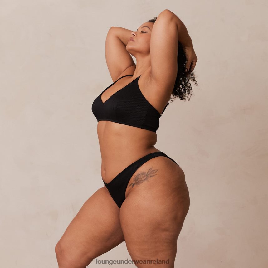 Lounge Underwear Women Ribbed Triangle Bra & Thong/Briefs Set F2H42Z233 Black