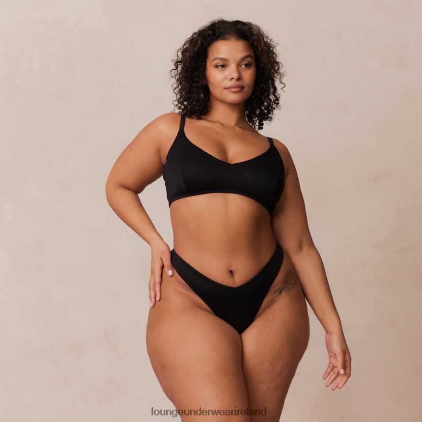 Lounge Underwear Women Ribbed Triangle Bra & Thong/Briefs Set F2H42Z233 Black