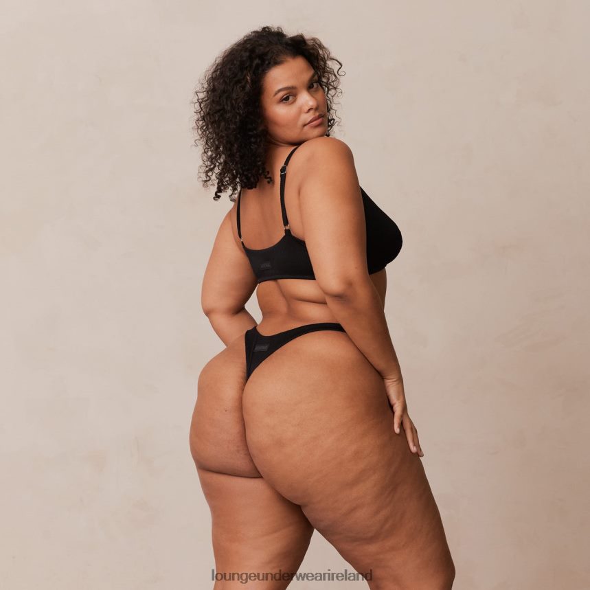 Lounge Underwear Women Ribbed Triangle Bra & Thong/Briefs Set F2H42Z233 Black