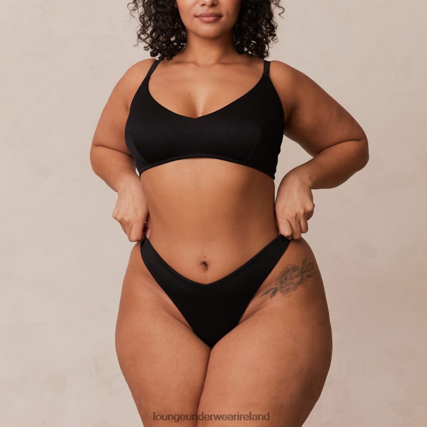 Lounge Underwear Women Ribbed Triangle Bra & Thong/Briefs Set F2H42Z233 Black