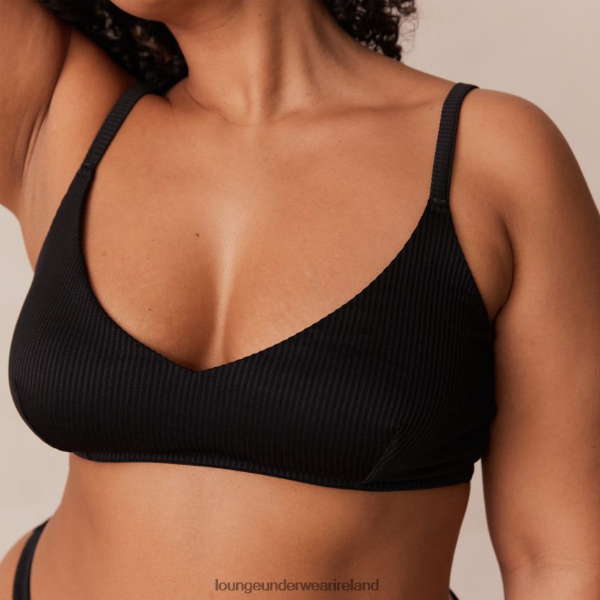 Lounge Underwear Women Ribbed Triangle Bra & Thong/Briefs Set F2H42Z233 Black