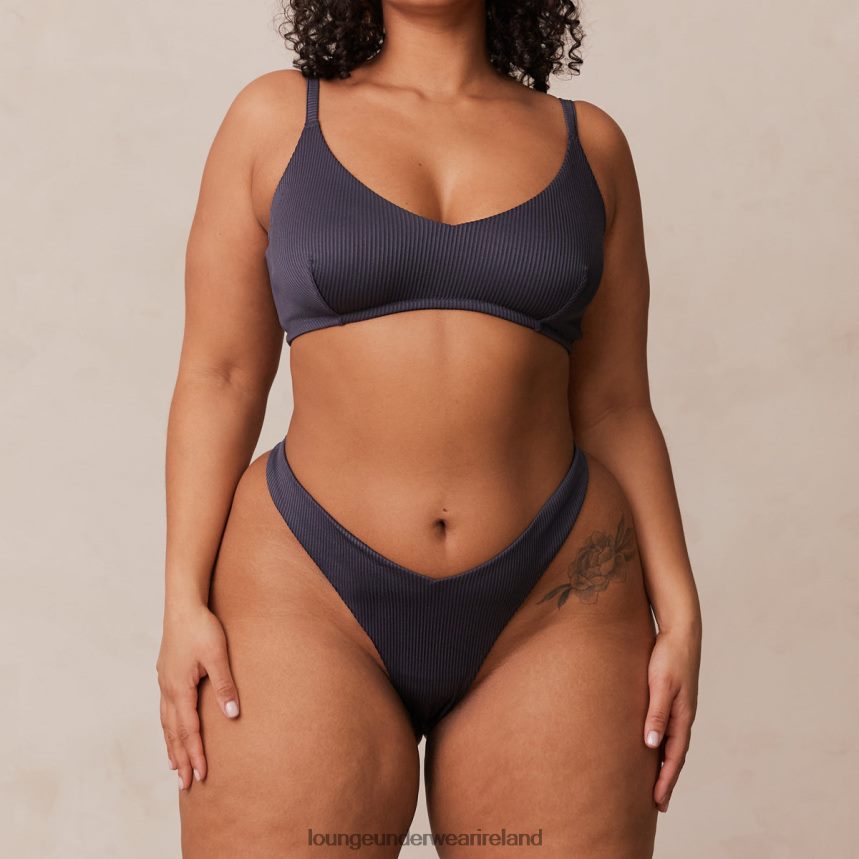 Lounge Underwear Women Ribbed Triangle Bra & Thong/Briefs Set F2H42Z235 Charcoal Blue